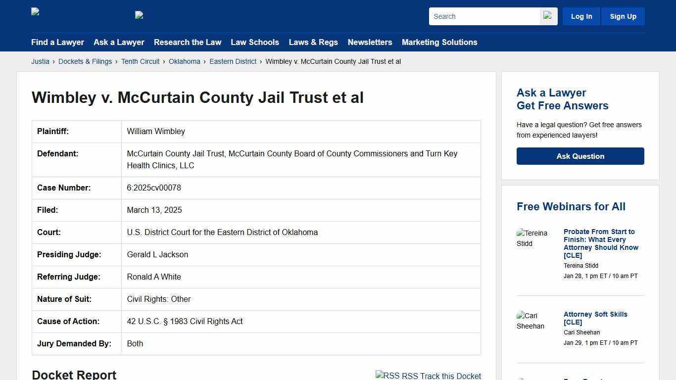 Wimbley v. McCurtain County Jail Trust et al 6:2025cv00078 U.S. District Court for the Eastern District of Oklahoma Justia
