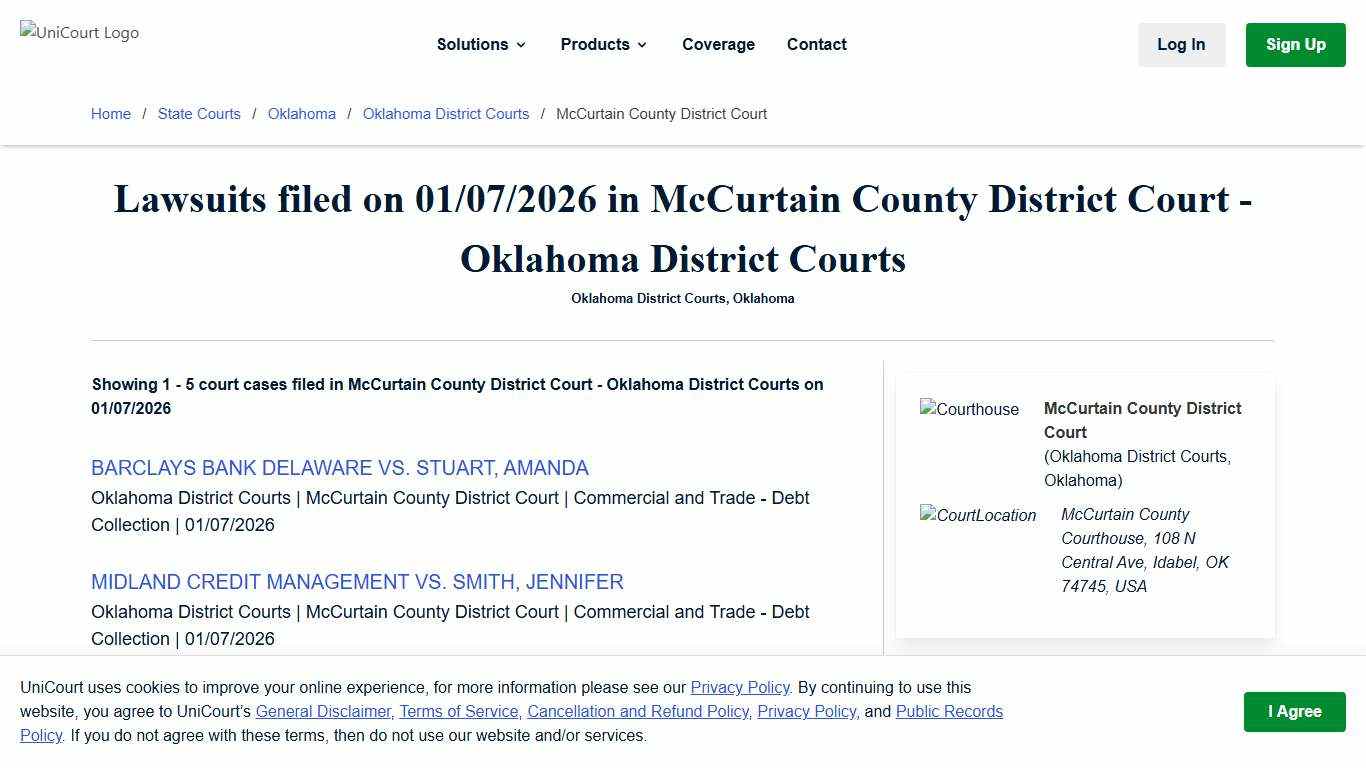 Lawsuits filed on 01/07/2026 in McCurtain County District Court - Oklahoma District Courts - (1 to 5) UniCourt